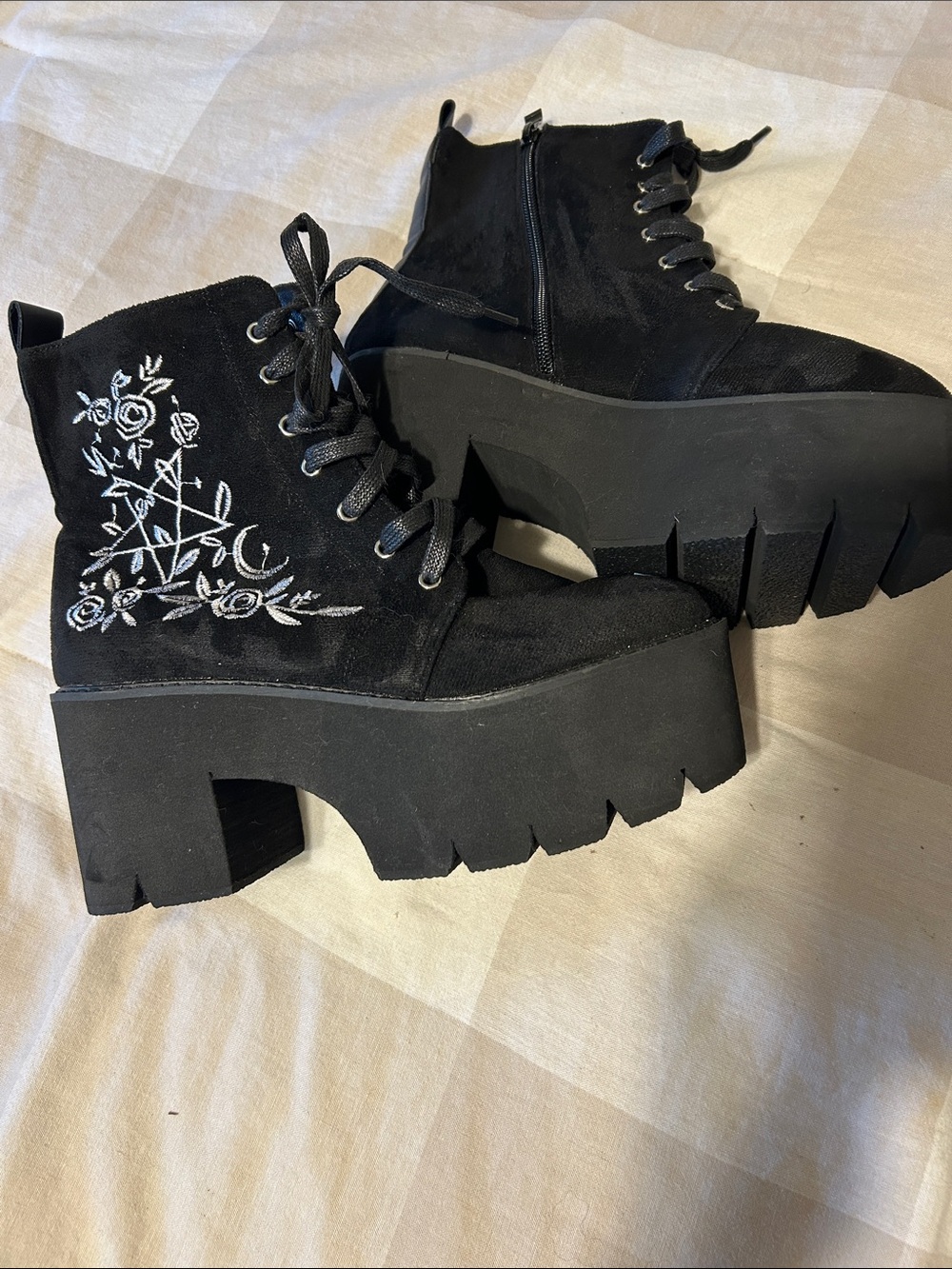 Black velveteen with white embroidery platform high tops
